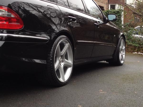 19 inch wheels from a CLS. The ET is different to E Class so they protrude just a bit further and fill the arches nicely.